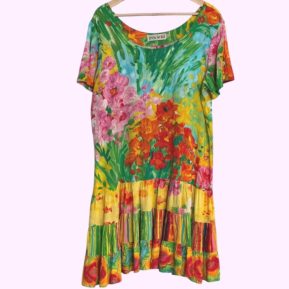 Vtg 90s Jams World Hattie Tiered Dress Hawaiian Bouquet Burst Multi-Color XL